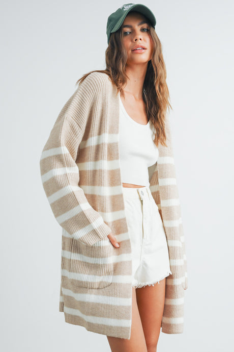 Taupe & Ivory Cardigan Knitted Striped Pattern Long Sleeve Lounge Wear