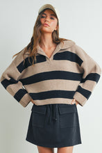 Load image into Gallery viewer, Taupe &amp; Black Sweater Stripped Design Wide Collar Drop Shoulder Long Sleeve Casual Outfit