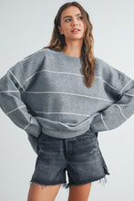 Load image into Gallery viewer, Grey Drop Shoulder Sweater Stripped Pattern Long Sleeve Winter Outfit