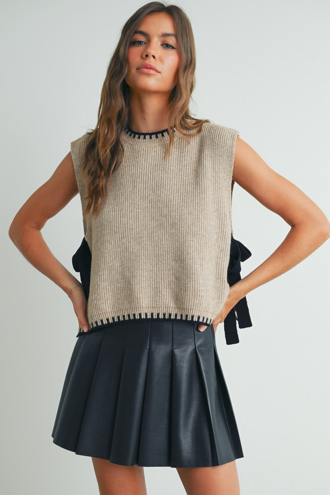 Taupe & Black Sweater Sleeveless Buttermelon Side Tie Casual Winter Wear