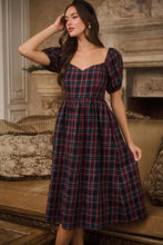 Load image into Gallery viewer, Navy Midi Dress Plaid Puffed Sleeve Smoked Back Invisible Zip Casual Outfit