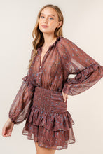 Load image into Gallery viewer, Brown Mini Dress Disty Floral Print Long Sleeve Smocked Waist Casual Outings Outdoor Events 