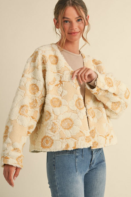 Mustard Quilted Jacket Floral Pattern Long Kimono Sleeves Casual Outfit Winter Wear