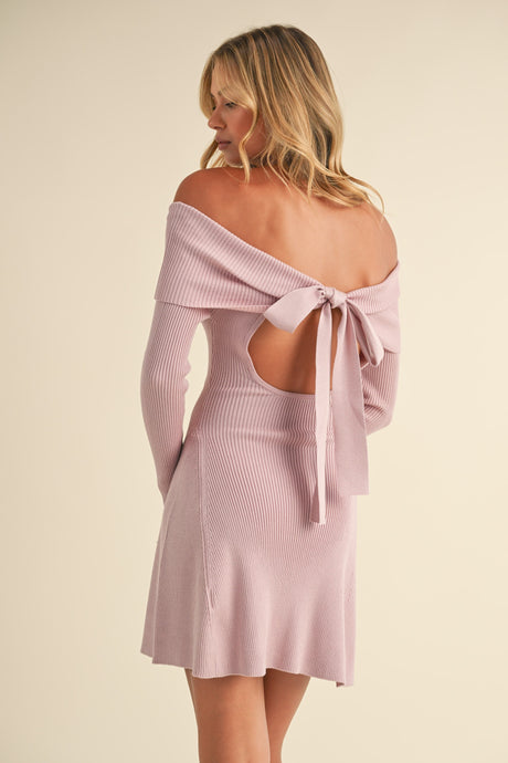 Mauve Mini Sweater Dress Open Back with Back Tie Long Sleeve Evening Events and Casual Outfit