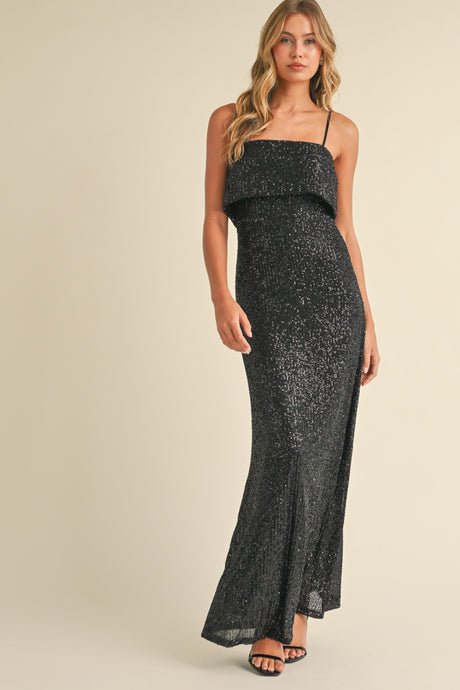 Black Sequined Maxi Dress Adjustable Strap Prom Dress