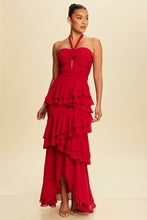 Load image into Gallery viewer, Red Maxi Dress Prom Dress Twisted Ruffle tiered maxi Halter sweetheart gown