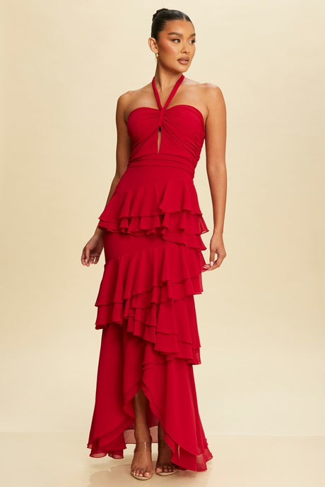 Red Maxi Dress Prom Dress Twisted Ruffle tiered maxi Halter sweetheart gown