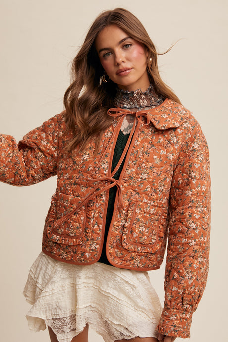 Rust Quilted Jacket Floral Design Long Sleeve Ruffle Patch Pocket Front Tie Collar Tie Casual Wear and Winter Wear