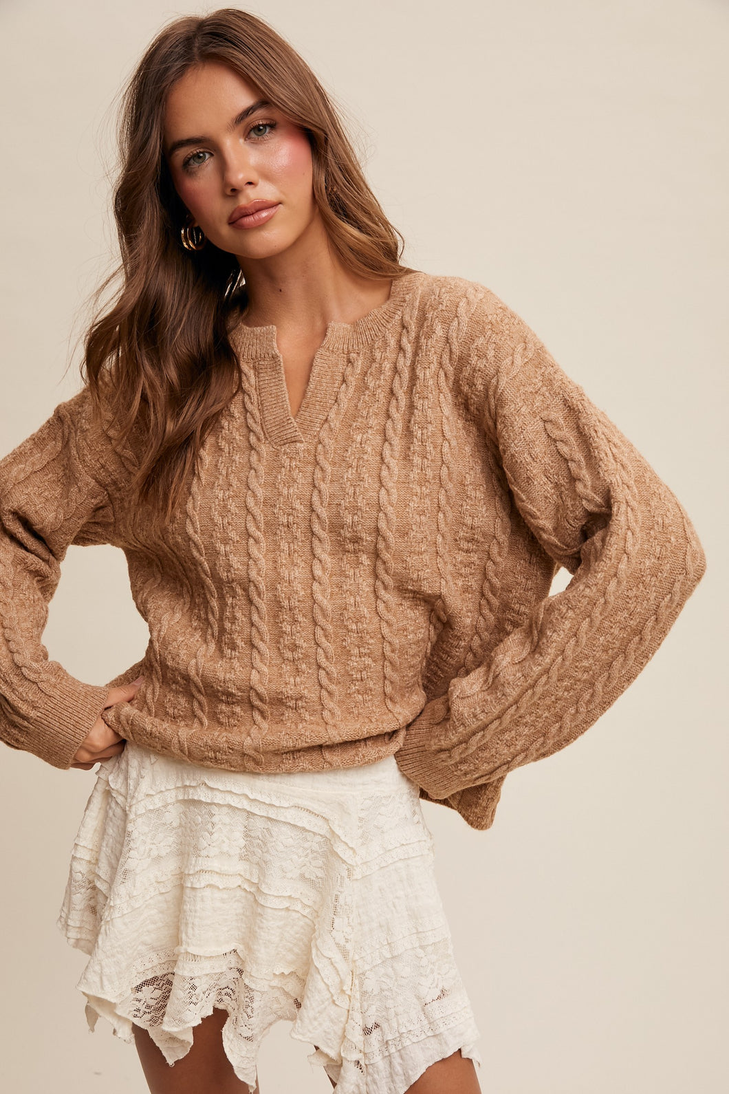 Taupe V-neck Sweater Cable Knit long sleeve women casual outfit