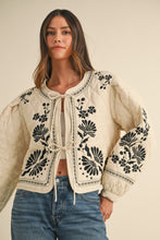 Load image into Gallery viewer, Taupe Quilted Jacket Floral Embroidered Long Sleeve Front Tie Winter Wear