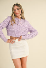 Load image into Gallery viewer, Lavender Cropped Sweater Cardigan Pointelle Knit Button Down Front Long Sleeve Ribbed Cuffs Winter Wear