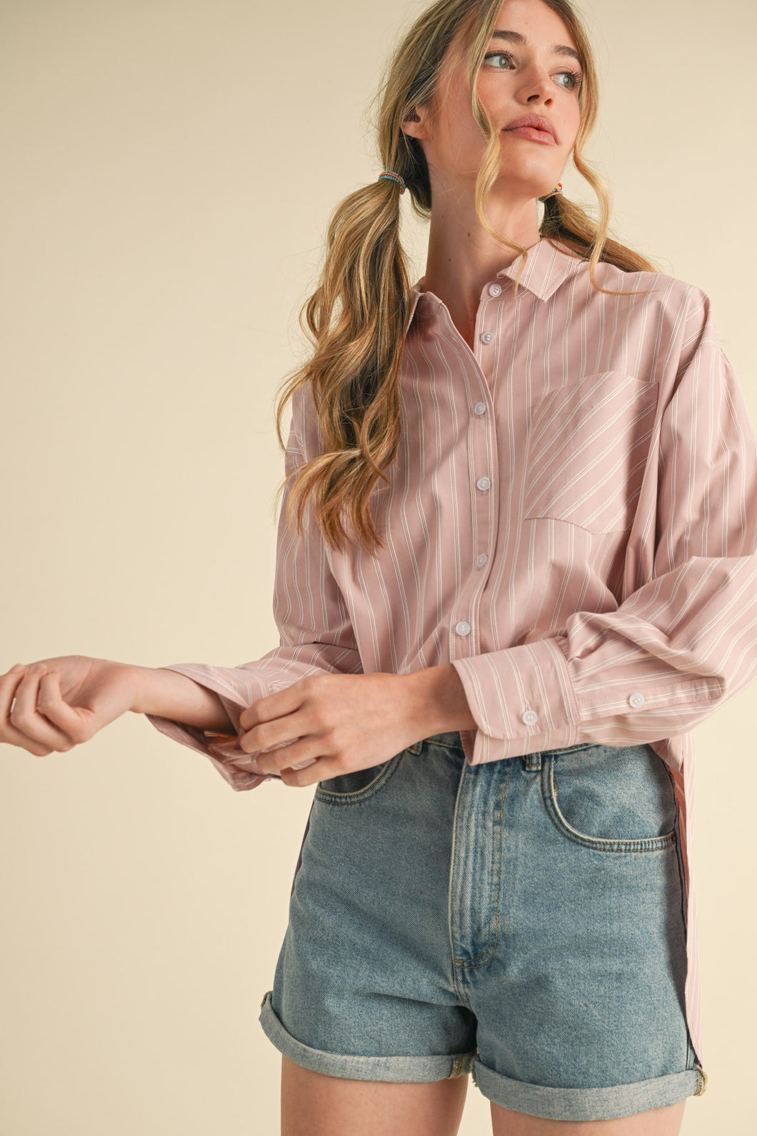 Mauve Amber Stripe Shirt Oversized Collared Neck Button Down Front Chest Pocket Long Sleeve with Cuff Button Casual Outfit