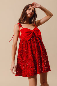 Red Babydoll Mini Dress Sequin Detailing Tie-up Shoulder Velvet Big Ribbon Bow Holiday Parties, Celebration and Festival Outfit