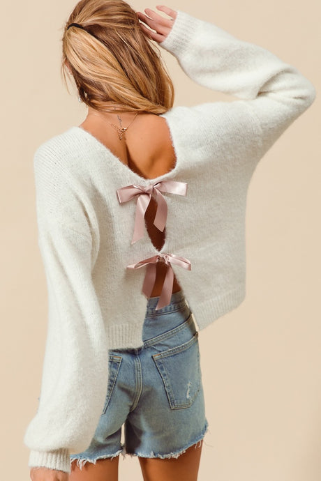 Ivory Sweater Top Open Back with Satin Bow Ribbon Embellishments Long Sleeve Women Festival Outfit