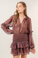 Load image into Gallery viewer, Sylvia Brown Floral Ruffle Smocked Button up Mini Dress