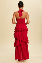 Load image into Gallery viewer, Jayla Twisted Ruffle Ariella Wine Maxi Dress