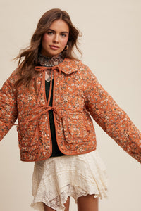 Aniyah Floral Tie Front Collar Heart Quilted Jacket