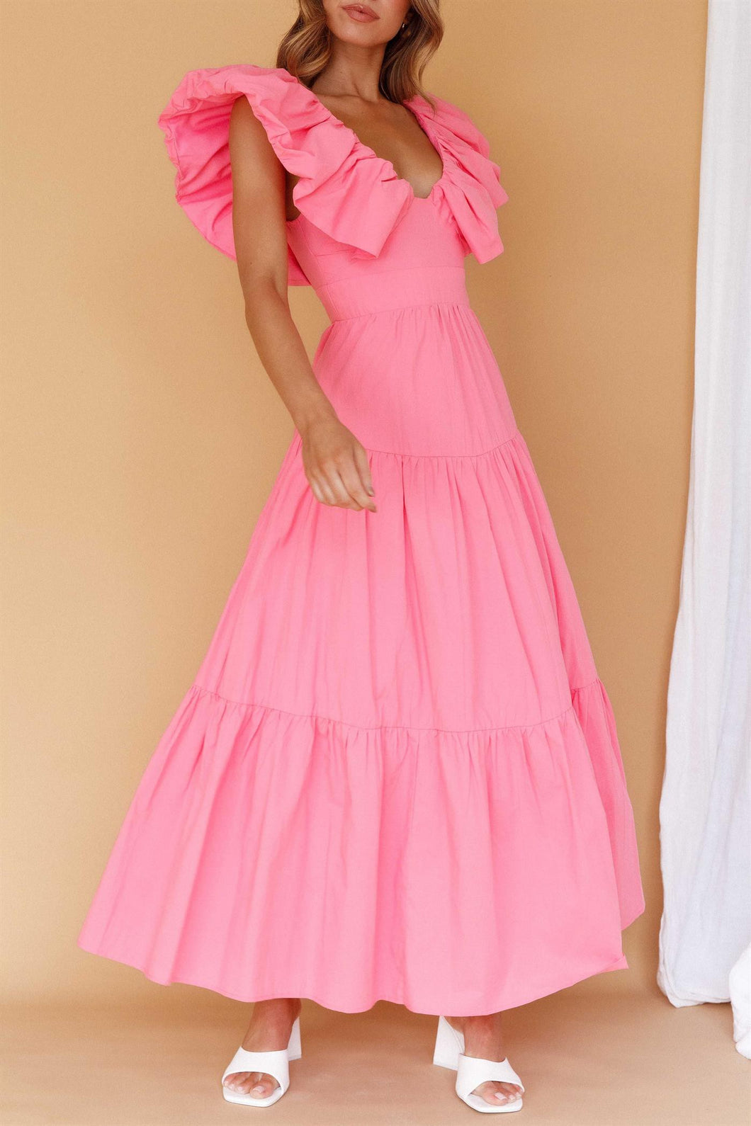 Pink puff sleeve sun dress party gown wedding guest dresses bright hot-pink Barbie cotton tiered 