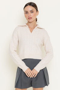 Demi Preppy Thin Knit Zip-Up Collar Sweater Top