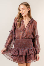 Load image into Gallery viewer, Sylvia Brown Floral Ruffle Smocked Button up Mini Dress