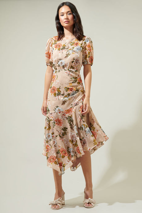 Adaline Floral Asymmetrical Midi Dress - Taupe