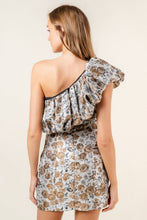 Load image into Gallery viewer, Raya One Shoulder Puff Sleeve Jacquard Floral Print Mini Dress