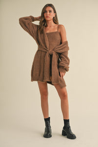 Briella Soft Sleeveless Tube Mini Dress and Cardigan Set in Brown