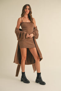 Briella Soft Sleeveless Tube Mini Dress and Cardigan Set in Brown