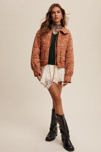 Aniyah Floral Tie Front Collar Heart Quilted Jacket