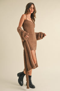 Briella Soft Sleeveless Tube Mini Dress and Cardigan Set in Brown