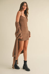 Briella Soft Sleeveless Tube Mini Dress and Cardigan Set in Brown