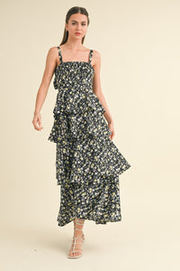 Fiona Tiered Floral Open Back Maxi Dress - Black