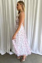 Load image into Gallery viewer, Floral Printed Plunging Neck Tulle Maxi Dress