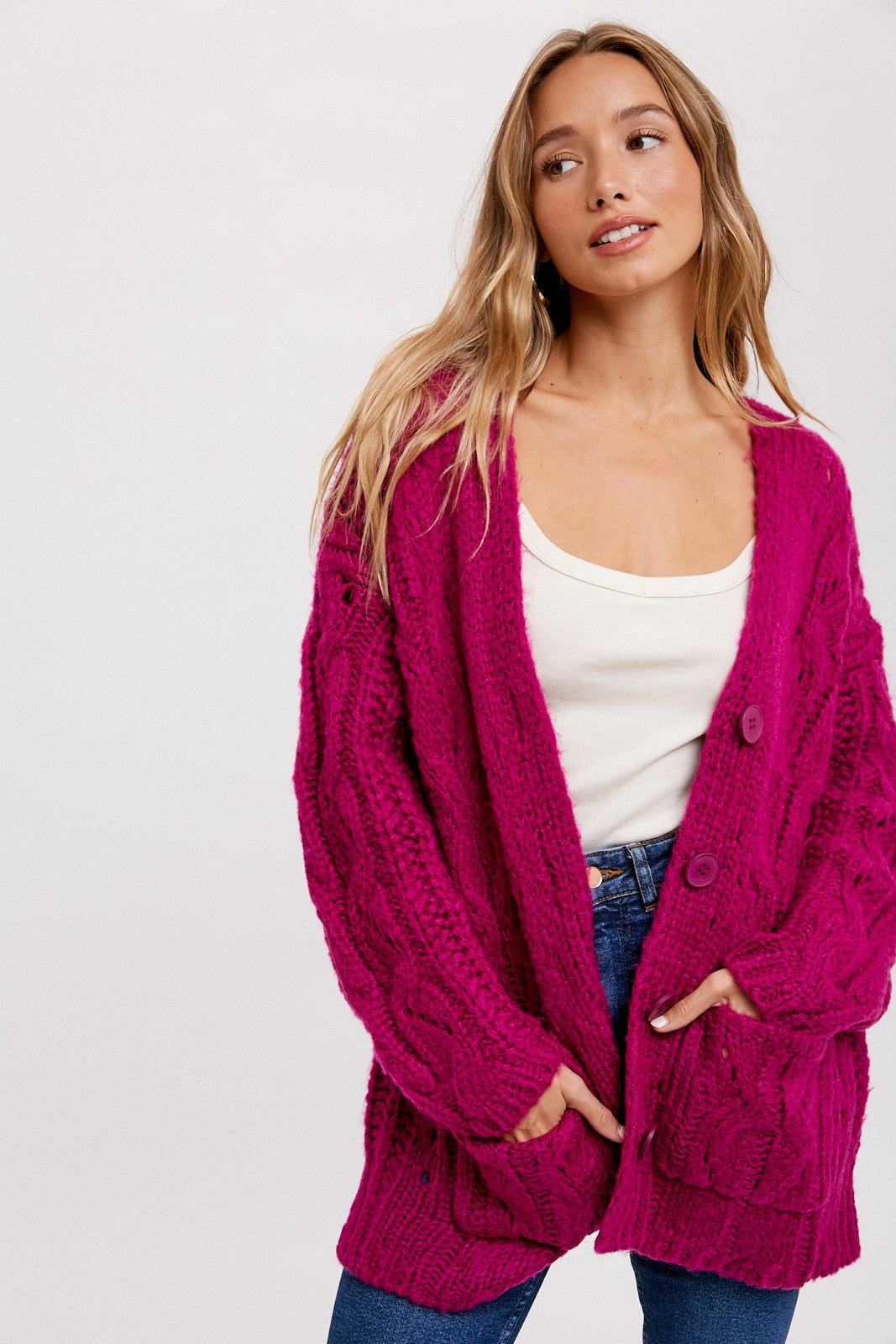 Eliza Open Cable Knit Button Down Oversized Cardigan