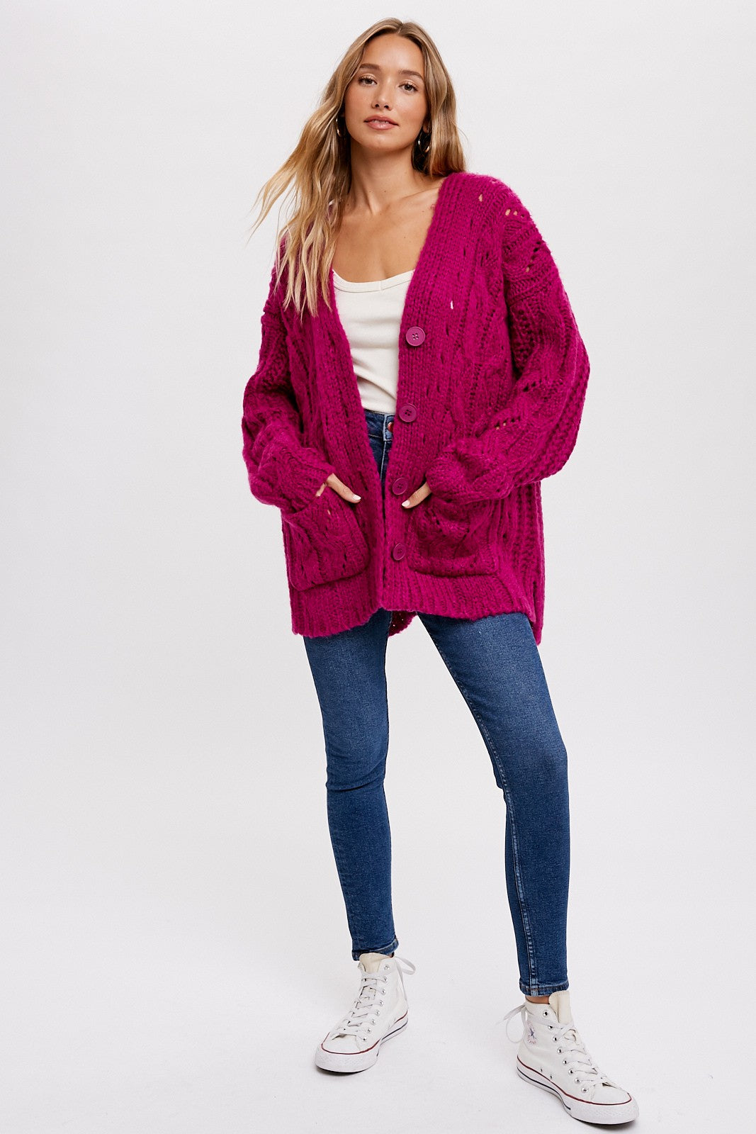 Eliza Open Cable Knit Button Down Oversized Cardigan