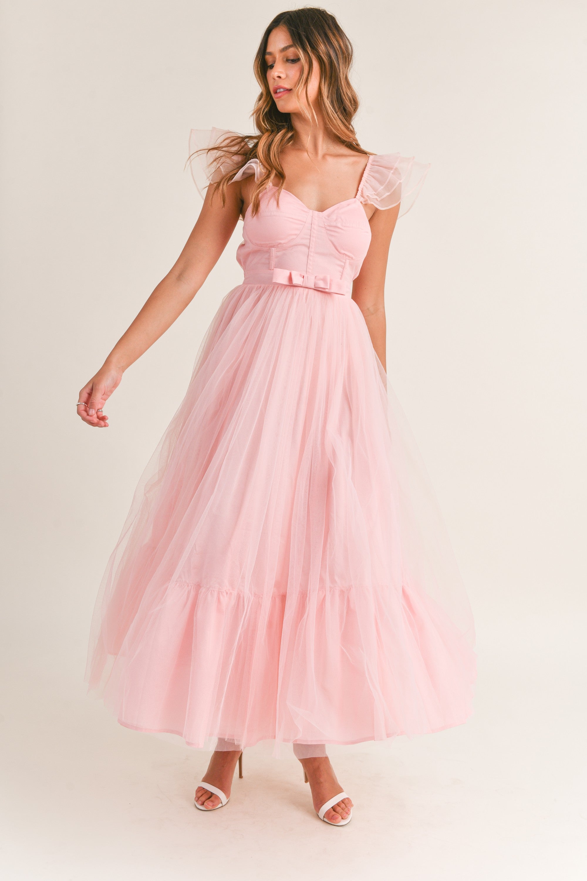 Pink Beaded Tulle Corset Midi Dress – Lisposa