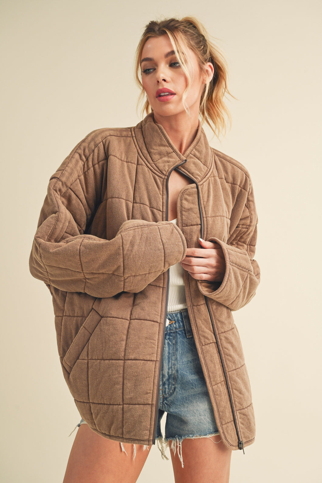 Brynne Quilted Dolman Jacket: Brown