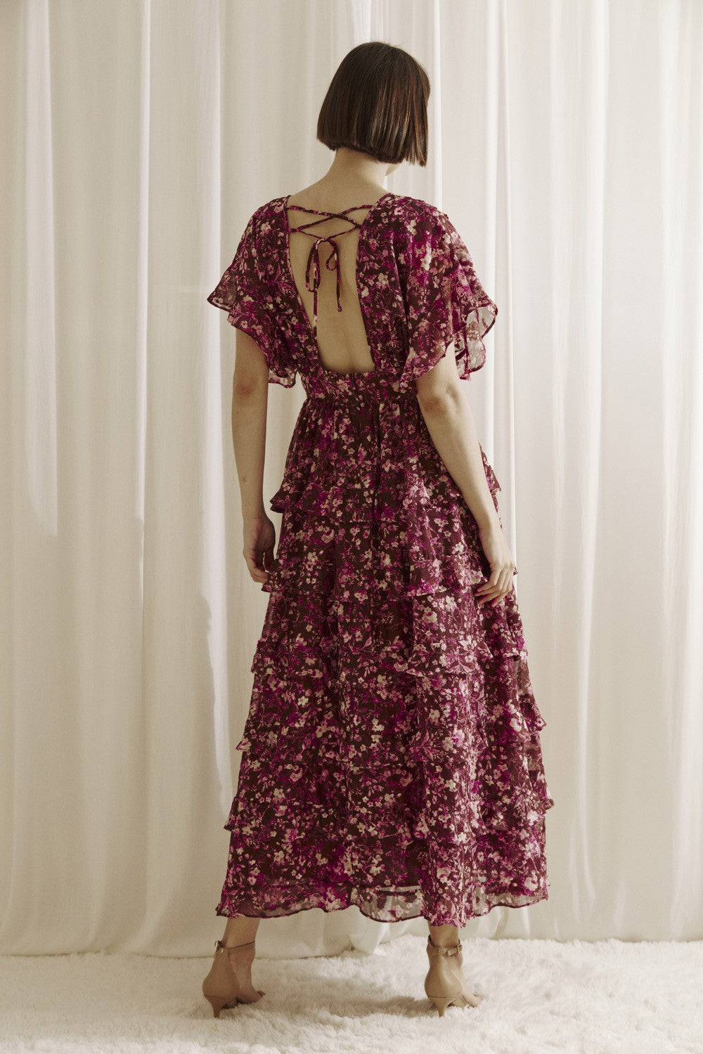 Aubree Ruffled Floral Print Midi Dress Maroon Thread Vine Boutique