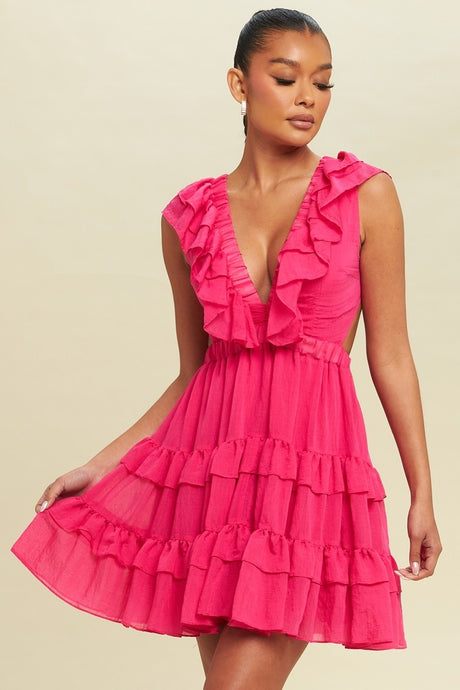 Clarisse Ruffle Plunge Flare Mini Dress - Hot Pink
