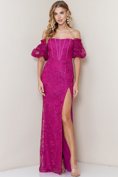 Beverly Lace Off the Shoulder Corset Gown - Magenta