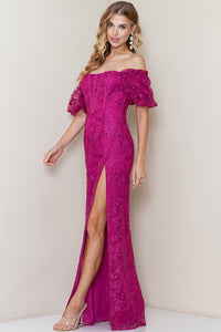 Beverly Lace Off the Shoulder Corset Gown - Magenta