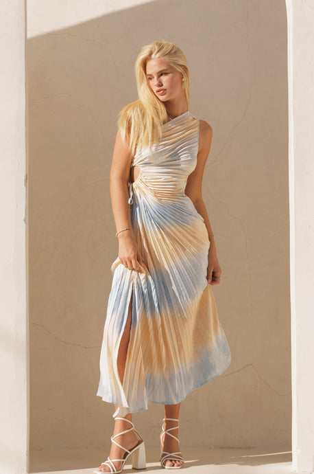 Desert Mist Pleated Asymmetrical Maxi Dress