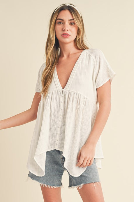 Florise Button Down Babydoll Blouse: White Linen