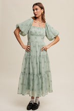 Load image into Gallery viewer, Flower Embroidered Puff Sleeve Tiered Maxi Dress