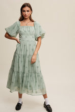 Load image into Gallery viewer, Flower Embroidered Puff Sleeve Tiered Maxi Dress