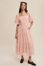 Load image into Gallery viewer, Flower Embroidered Puff Sleeve Tiered Maxi Dress