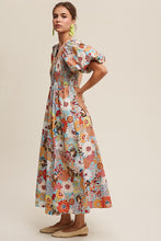 Load image into Gallery viewer, Flower Print Smocked V-neck Puff Sleeve Maxi Dress