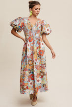 Load image into Gallery viewer, Flower Print Smocked V-neck Puff Sleeve Maxi Dress