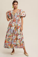 Load image into Gallery viewer, Flower Print Smocked V-neck Puff Sleeve Maxi Dress