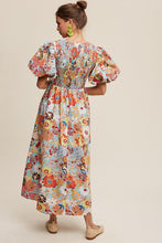 Load image into Gallery viewer, Flower Print Smocked V-neck Puff Sleeve Maxi Dress